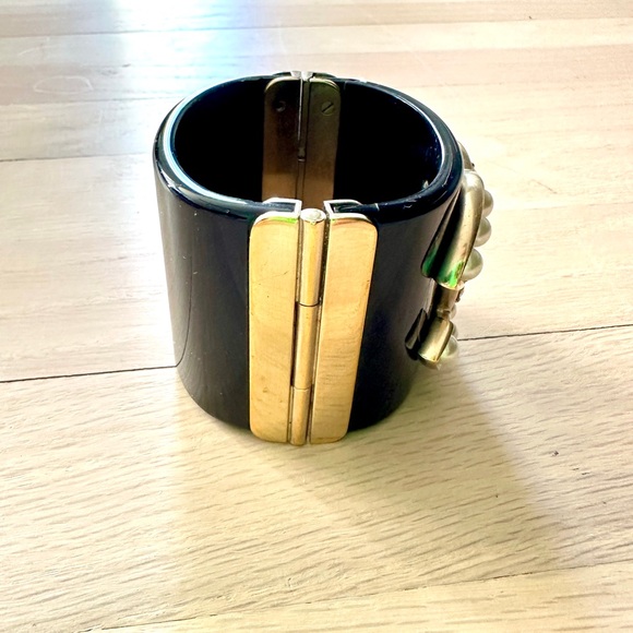 CHANEL Black Resin Crystal and Faux Pearl CC Wide Cuff Bracelet - Picture 6 of 10